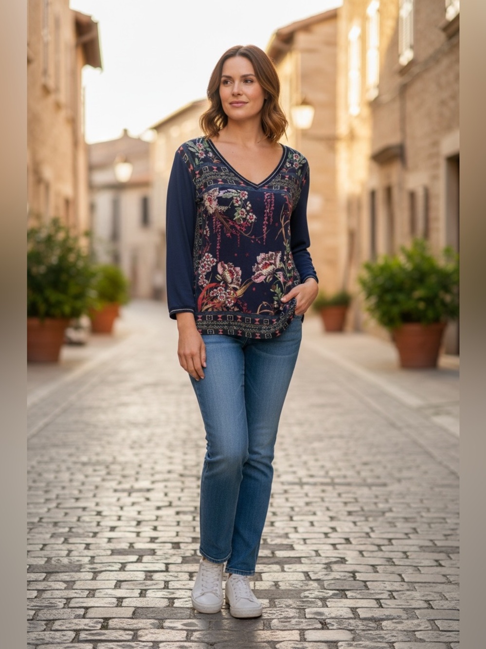 Desigual Women’s Top Jersey Long Sleeve V Neck Dahlia with Metal Embellishments